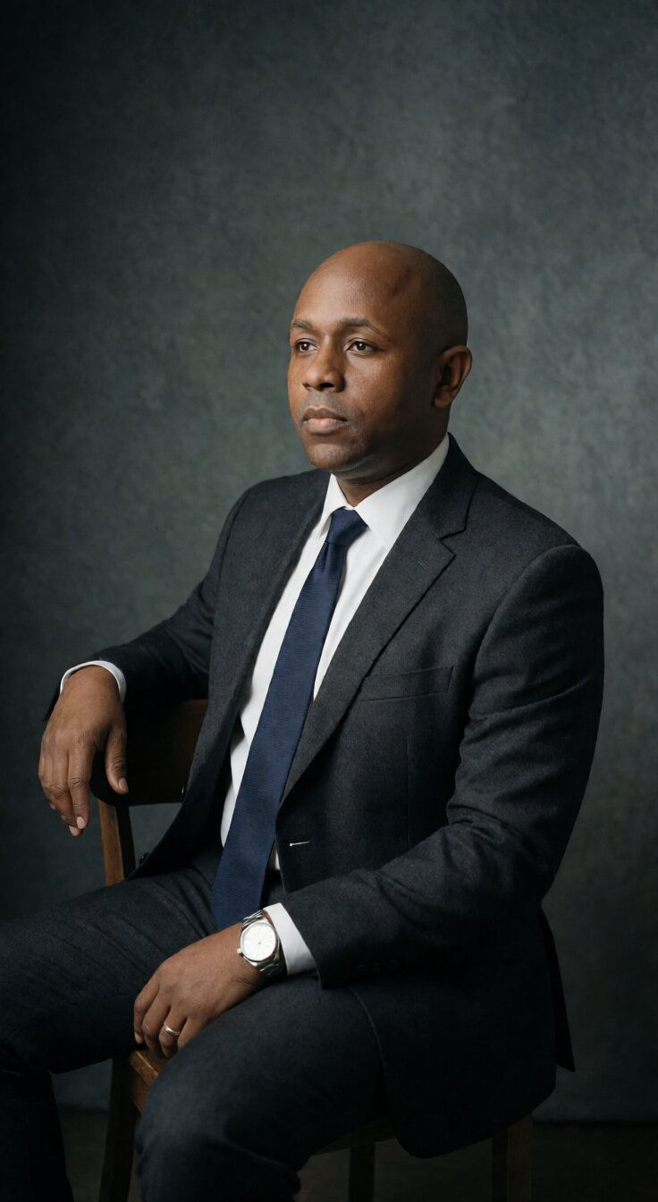 Ryan Perez seated in a charcoal suit and navy tie, looking off to the side, arm resting on the chair back