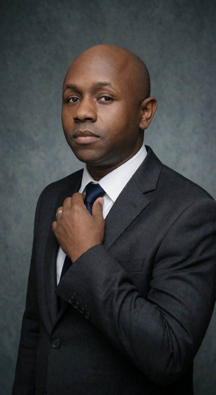 Ryan Perez in a charcoal suit and navy tie, close crop, adjusting his tie