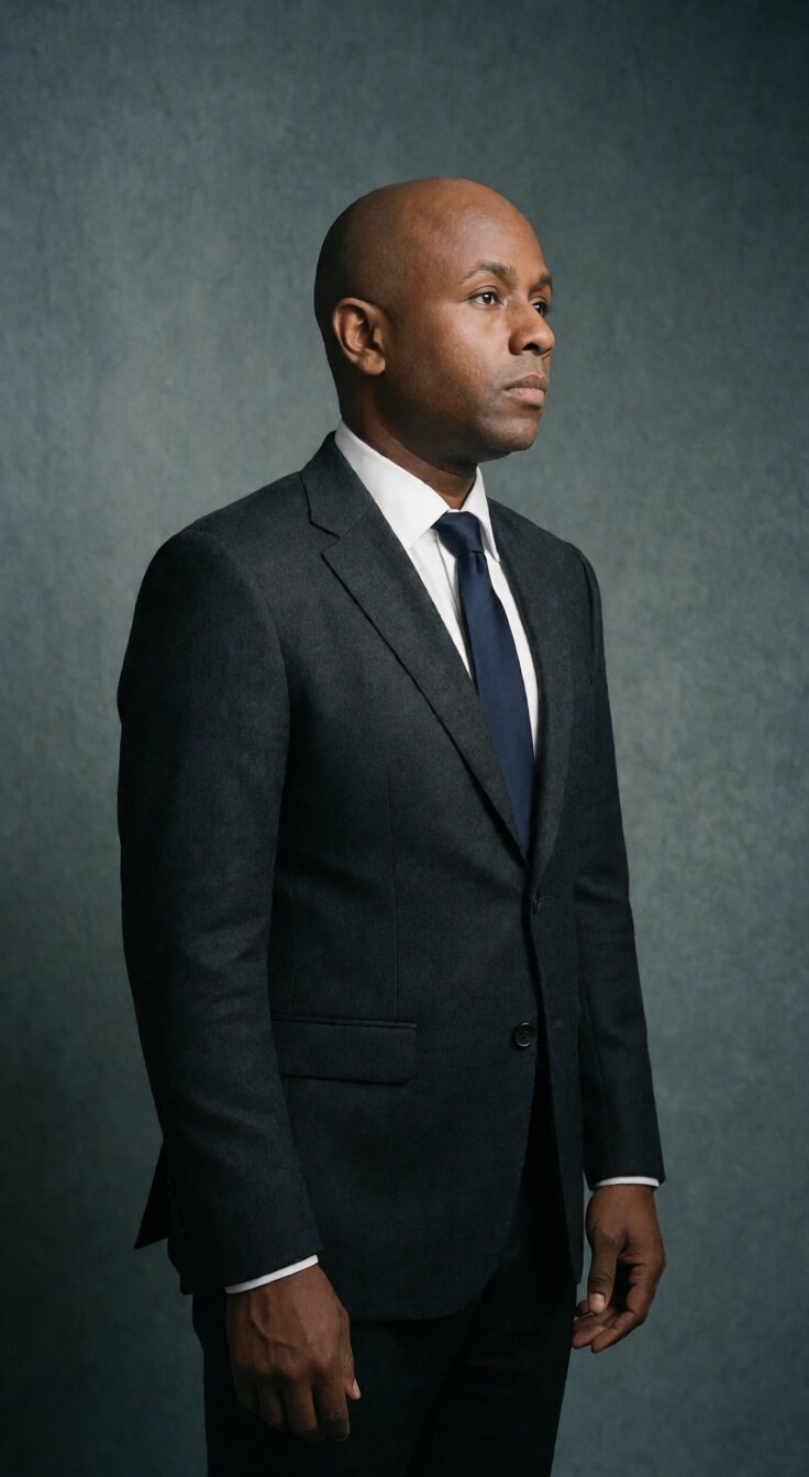 Ryan Perez in a charcoal suit and navy tie, standing side profile
