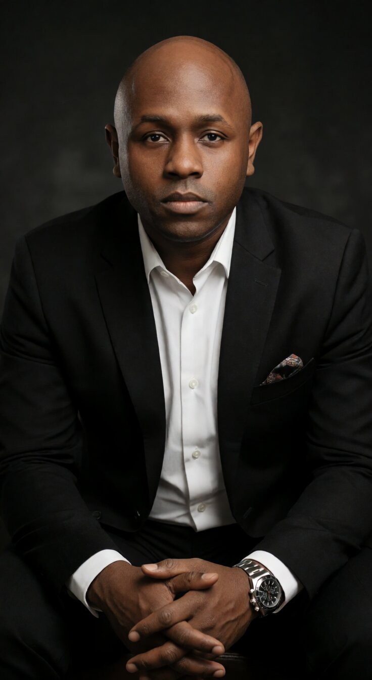 Ryan Perez in a black suit with an open collar and pocket square, close crop, hands clasped