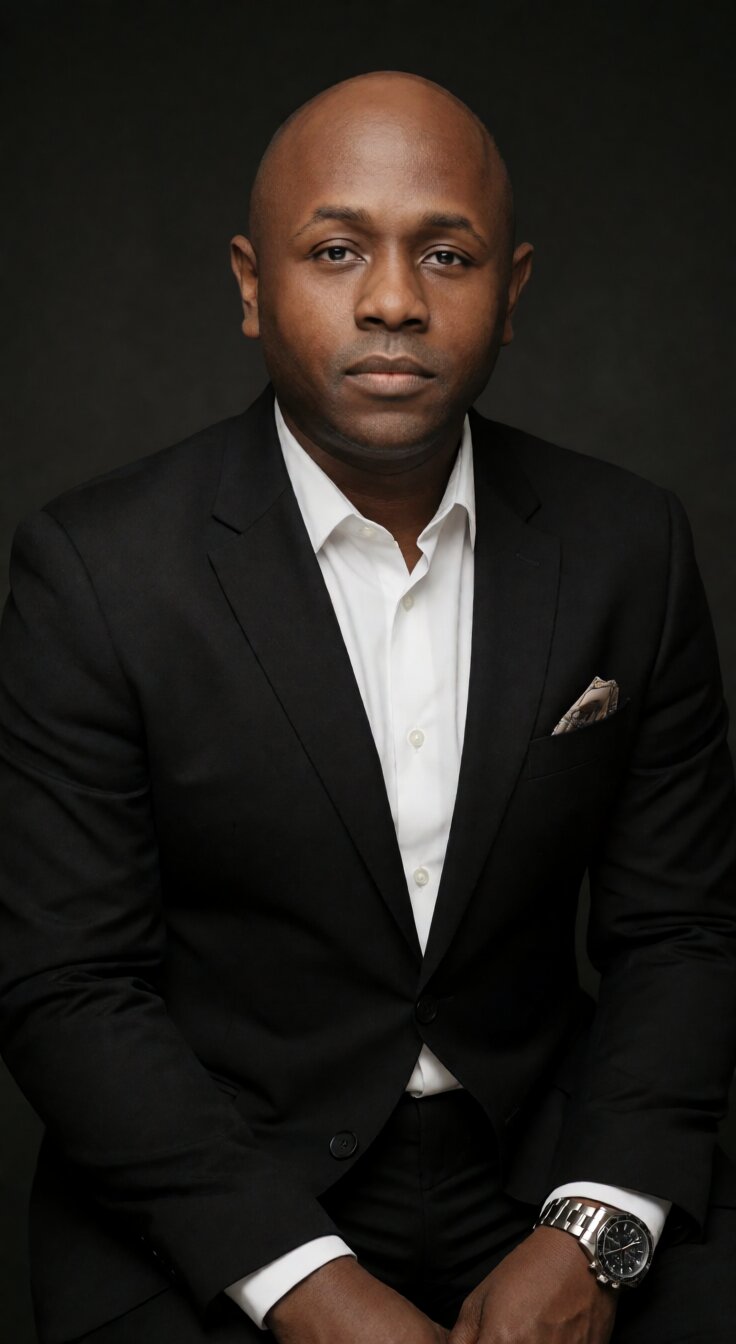 Ryan Perez in a black suit with an open collar, adjusting his cufflink, looking to the side
