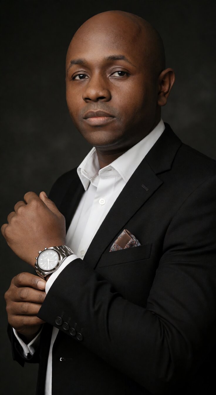 Ryan Perez in a black suit with an open collar and pocket square, standing side profile