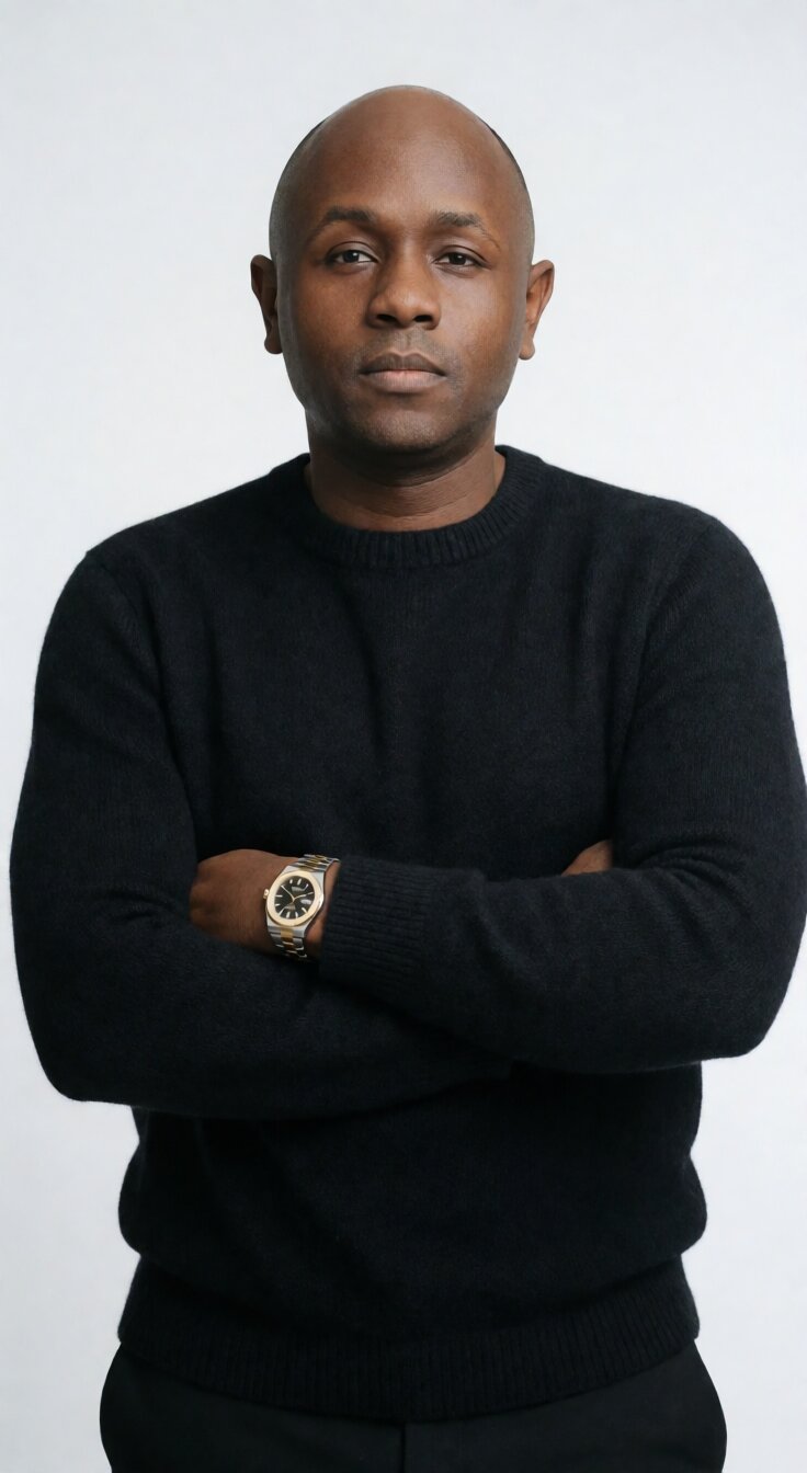 Ryan Perez in a black crewneck sweater against a white backdrop, adjusting his watch, looking off to the side