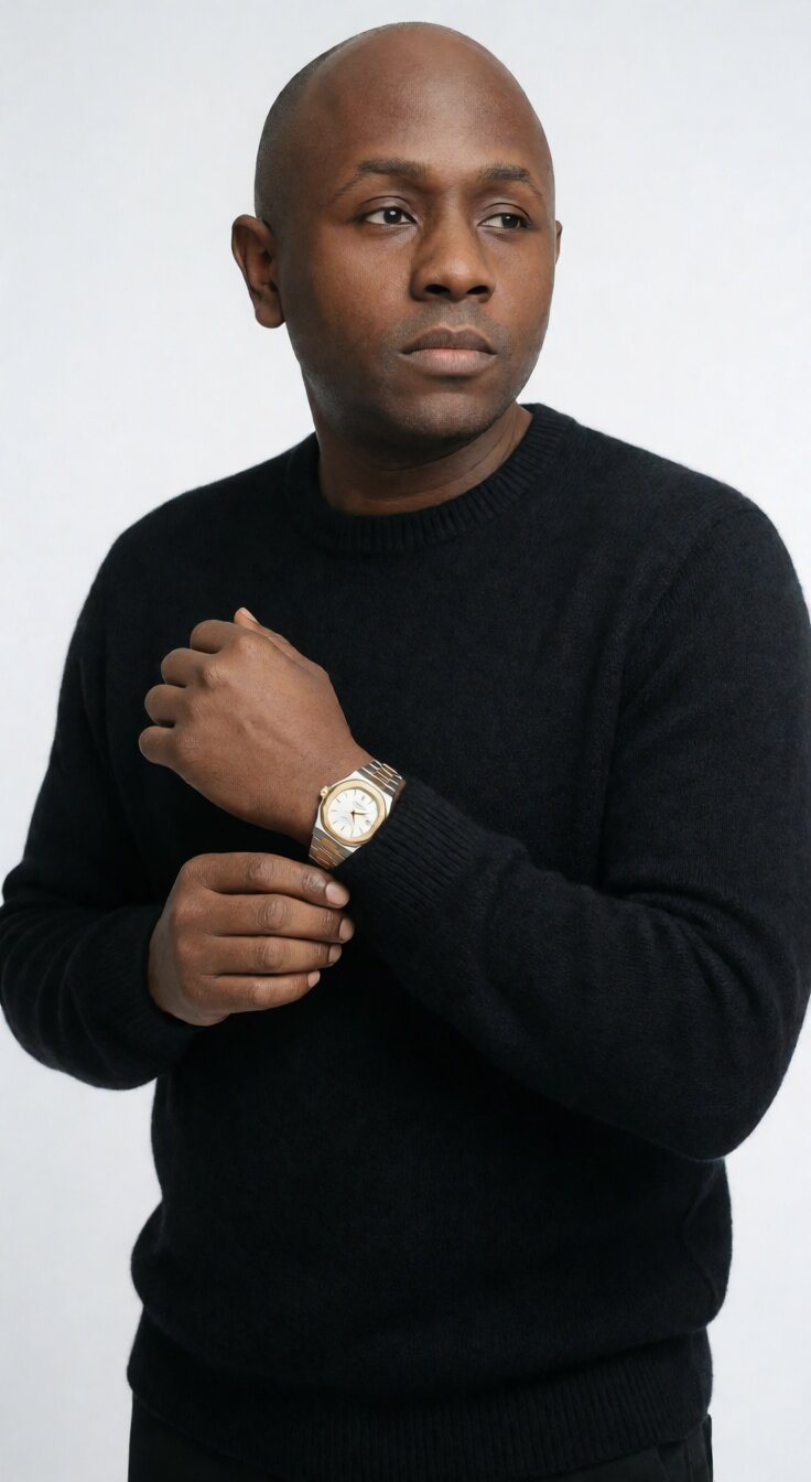 Ryan Perez in a black crewneck sweater against a white backdrop, side profile, looking toward camera