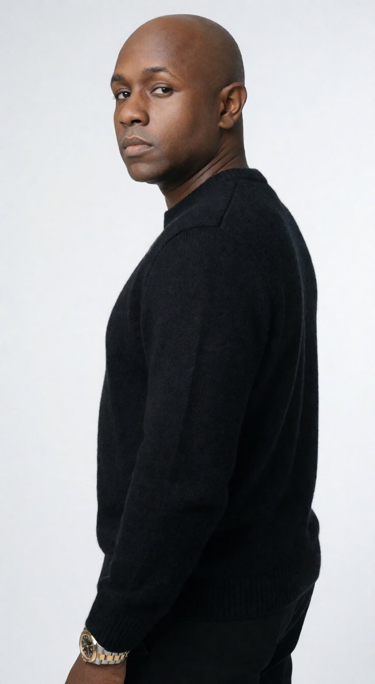 Ryan Perez in a black crewneck sweater against a white backdrop, back to camera, looking over his shoulder