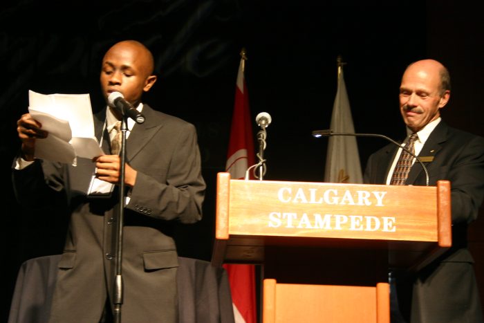 Ryan Perez at the Calgary Stampede podium, close angle