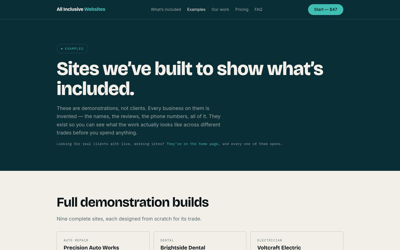 All Inclusive Websites — Demonstrations, not clients